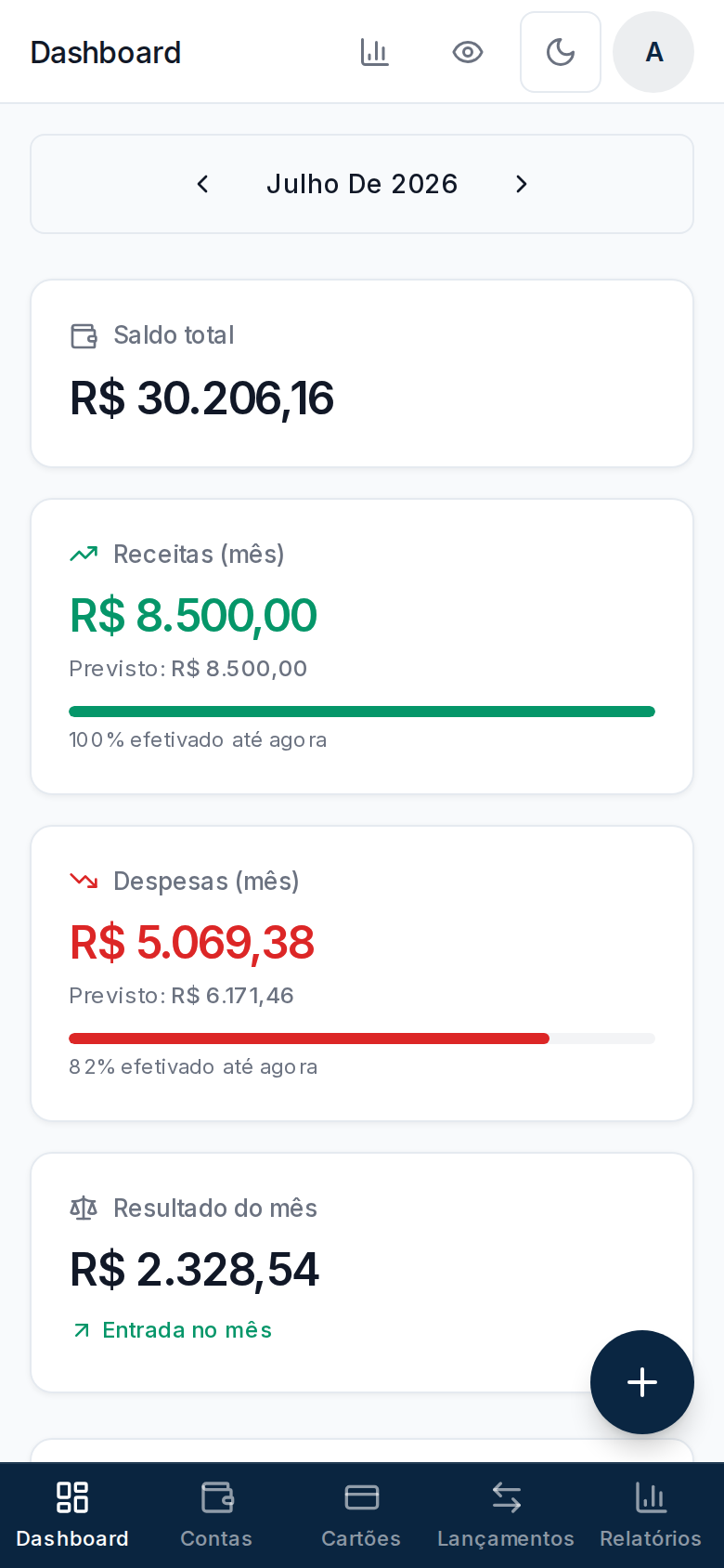 App Kontas instalado no celular, mostrando o dashboard mobile