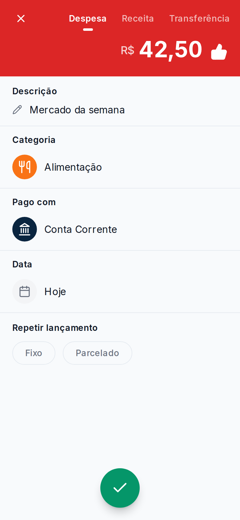 Tela de novo lançamento do Kontas no celular, com valor, descrição, categoria, conta e data preenchidos
